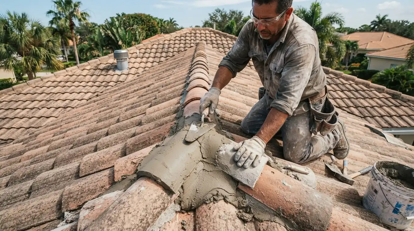 Ridge caps reset on a mechanical ridge system over a concrete tile roof