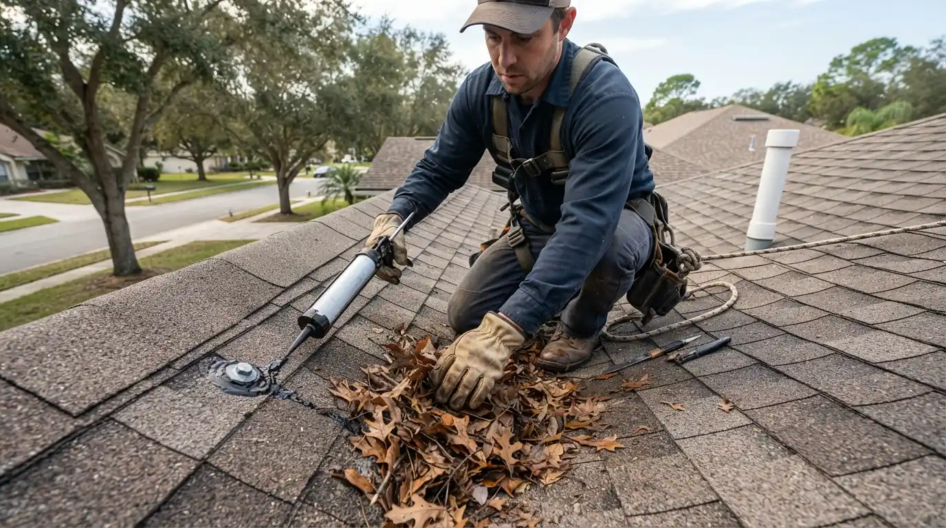 Roofer clearing oak leaves from a roof valley on a Jacksonville home