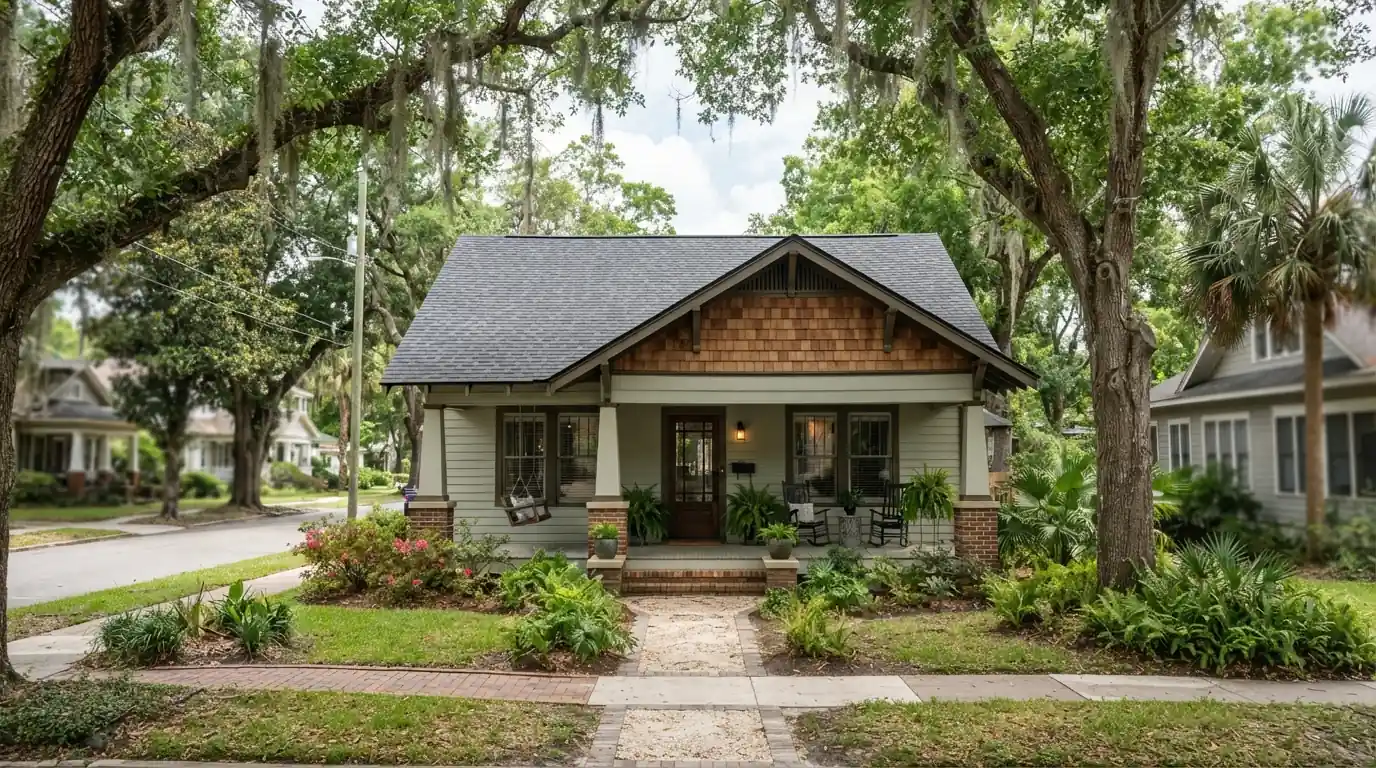 New dimensional shingle roof with exposed rafter tails on a historic Fernandina Beach house