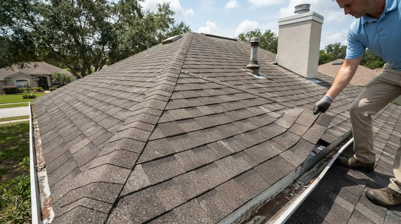 Inspector checking an older shingle roof slope for remaining life