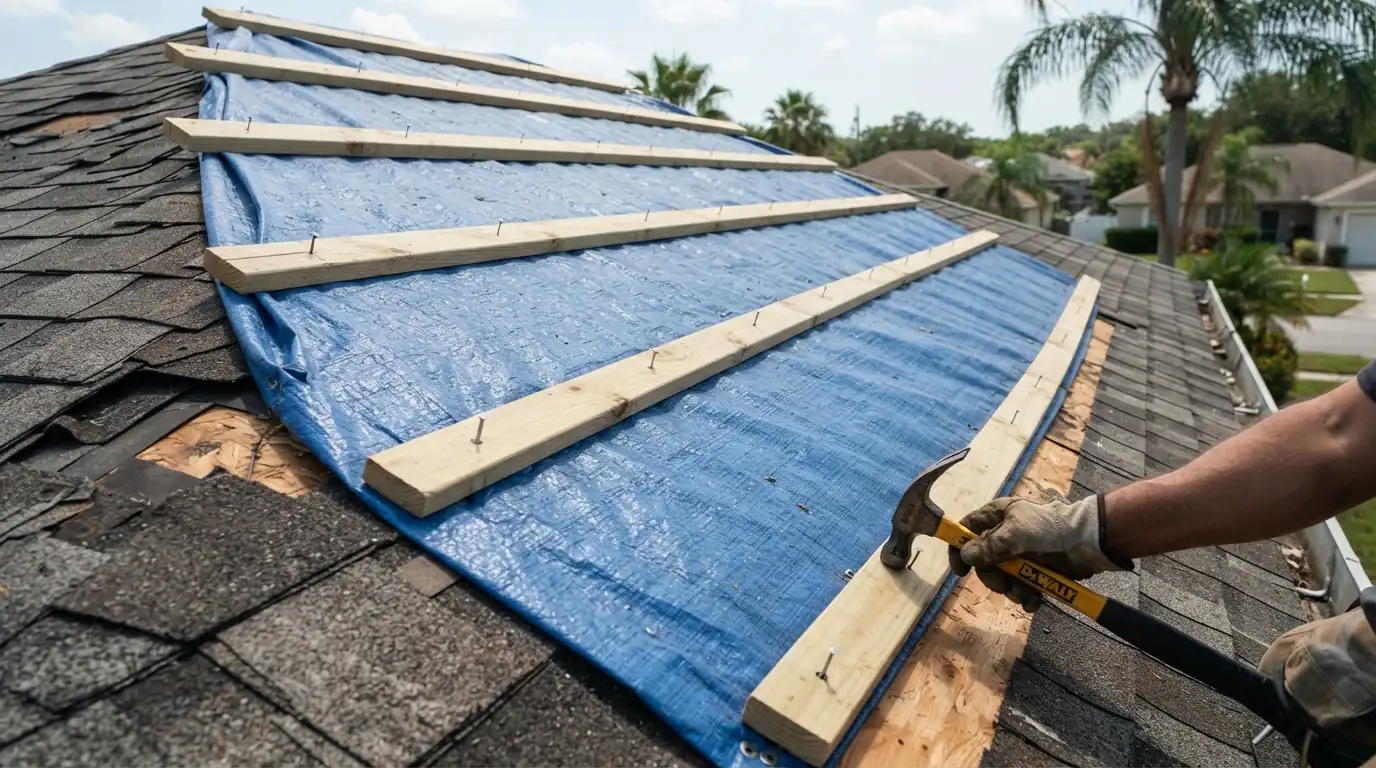 Roofer nailing furring strips over a tarp edge on a shingle roof