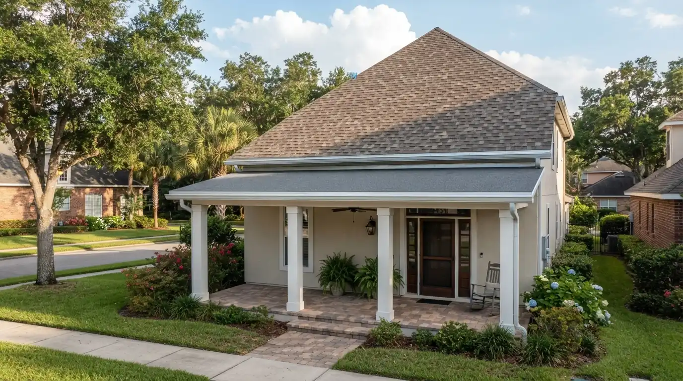 New low-slope porch roof tied into the main shingle roof of an Orange Park home