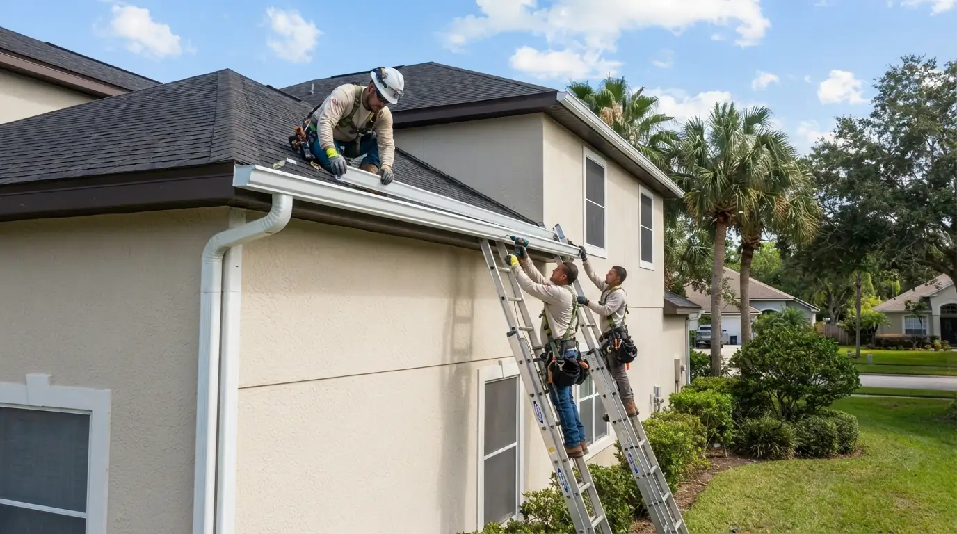 Crew hanging new aluminum seamless gutters along a Jacksonville roof edge