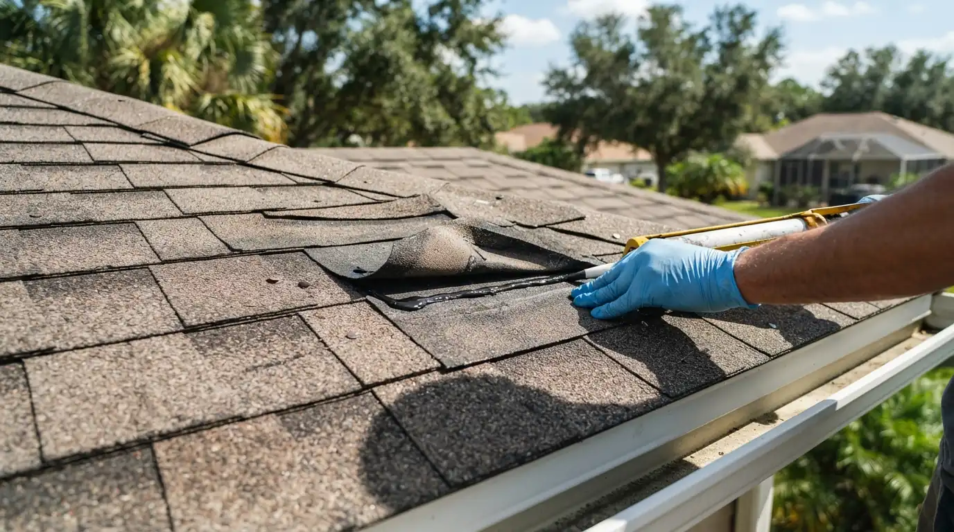 Creased shingle tab with a broken seal strip after high wind
