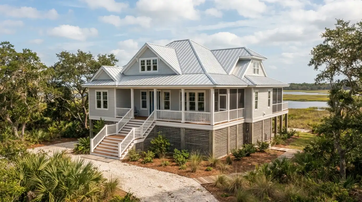Galvalume metal roof on a raised coastal cottage