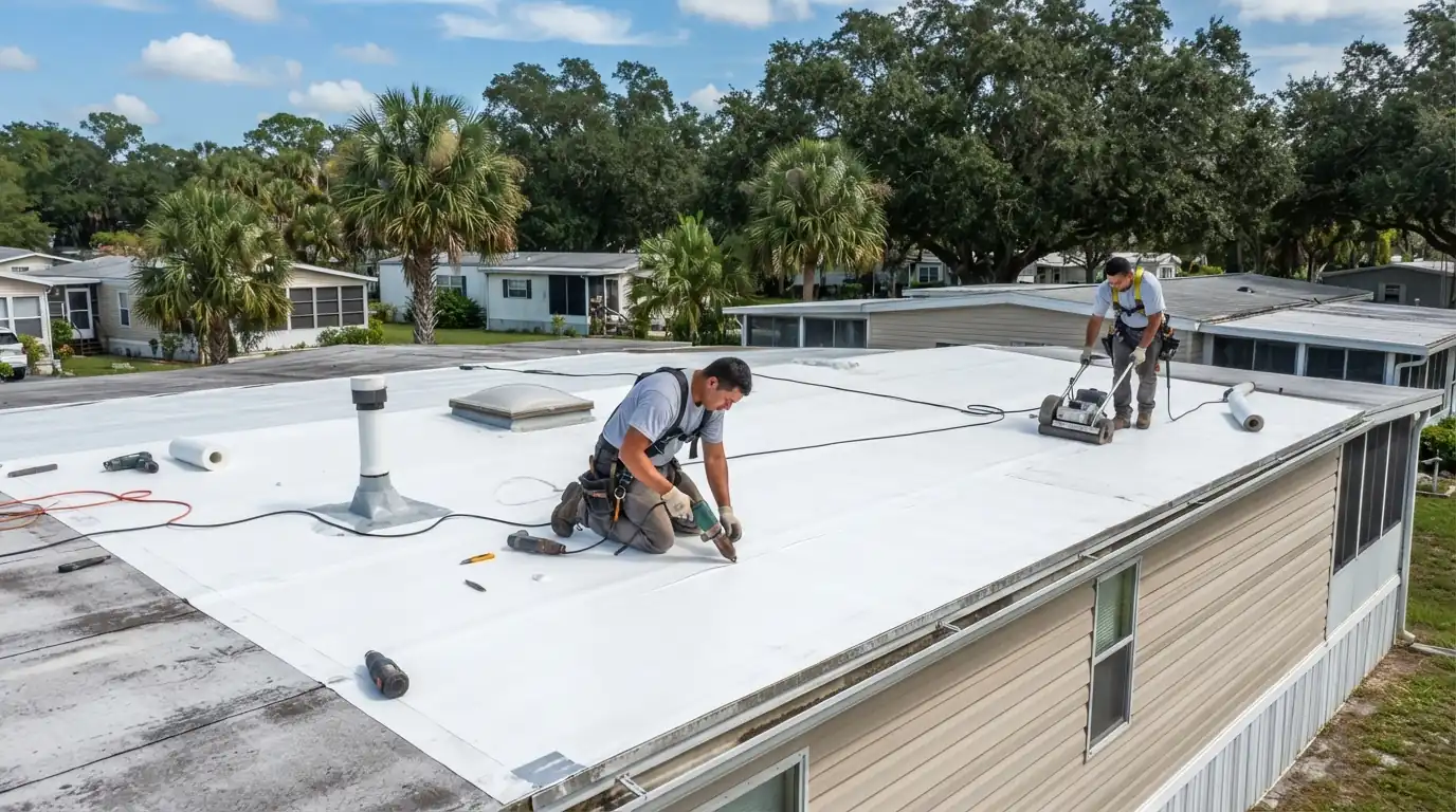 TPO membrane being installed over insulation board on a mobile home