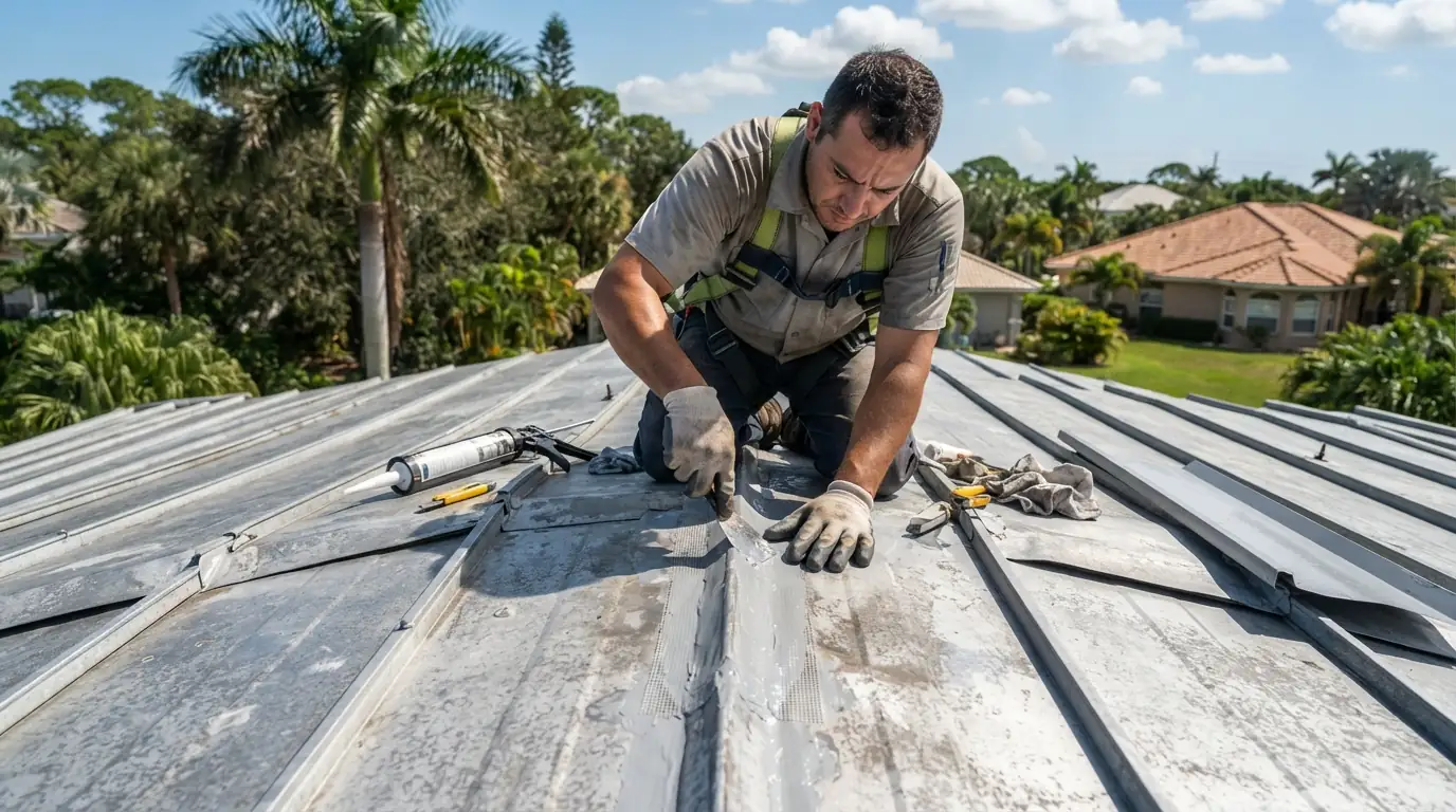 Roofer re-crimping a standing seam on a light gray metal roof