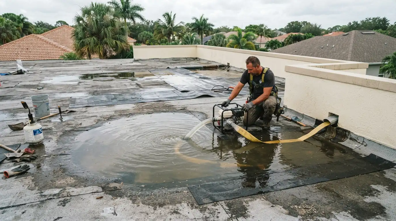 Water ponding around a clogged drain on a low-slope roof