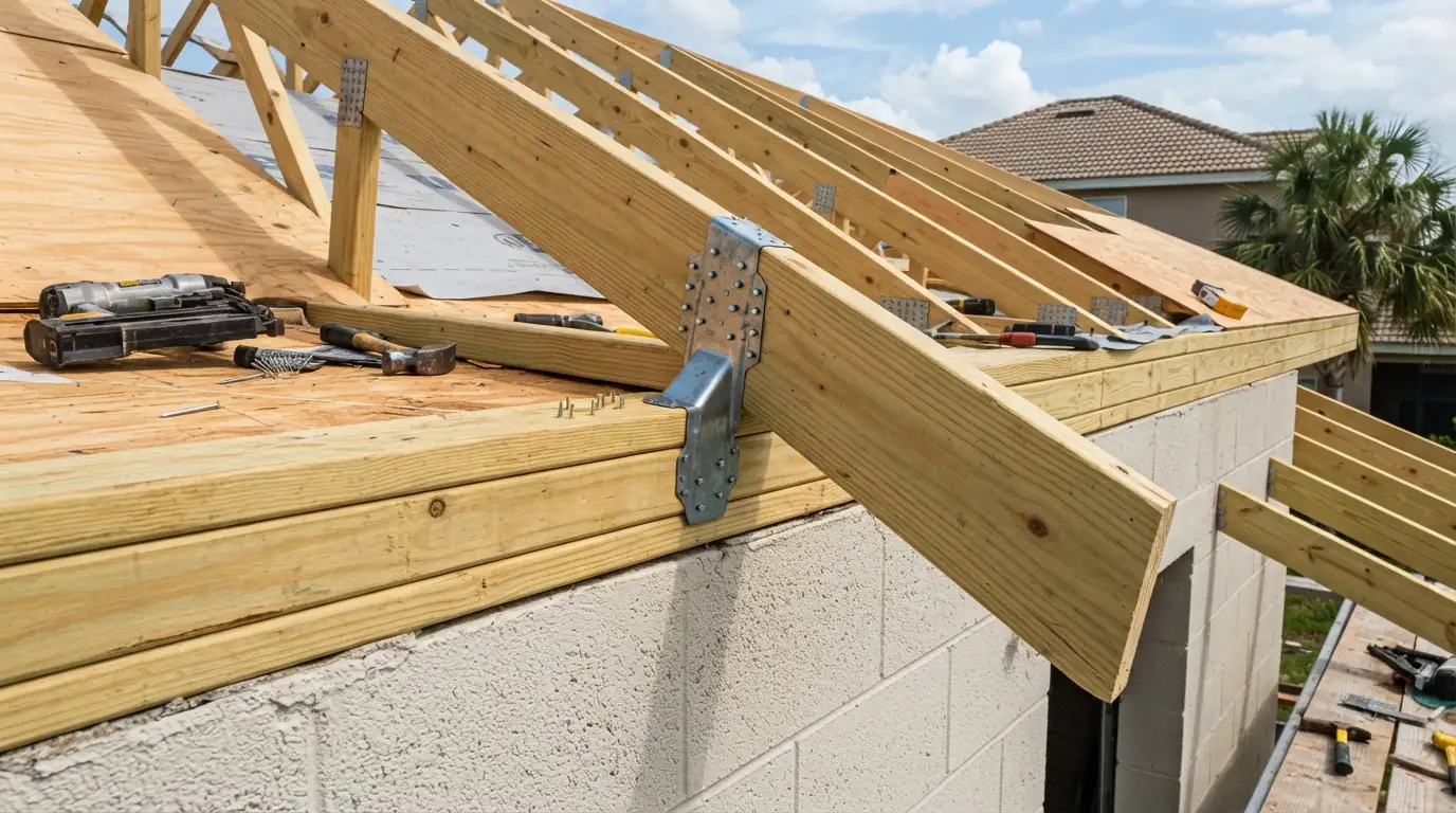 Metal hurricane straps tying roof trusses to the top of a wall