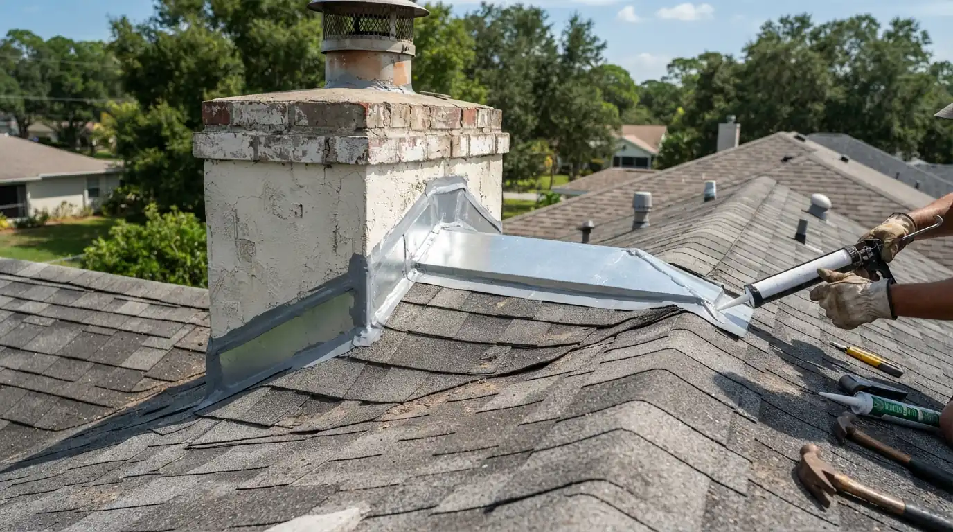 Counterflashing being set into ground mortar joints on a chimney