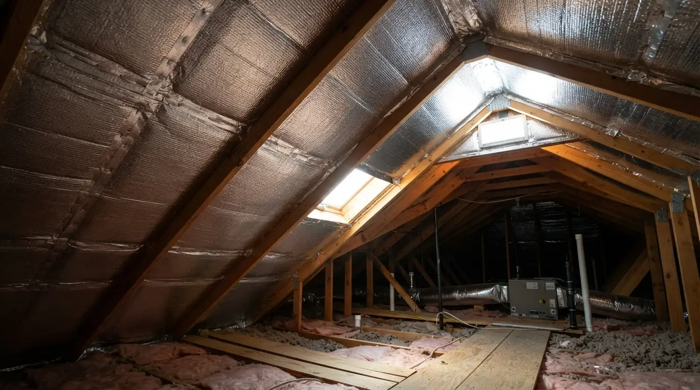 Foil radiant barrier stapled to the underside of rafters in a Florida attic