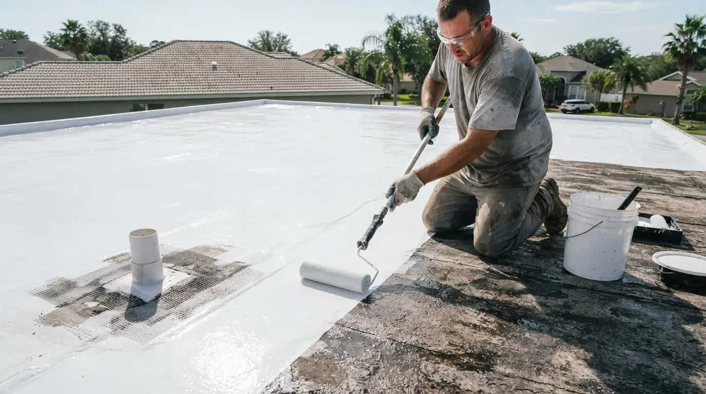 Bright white silicone coating covering a flat roof with reinforced seams