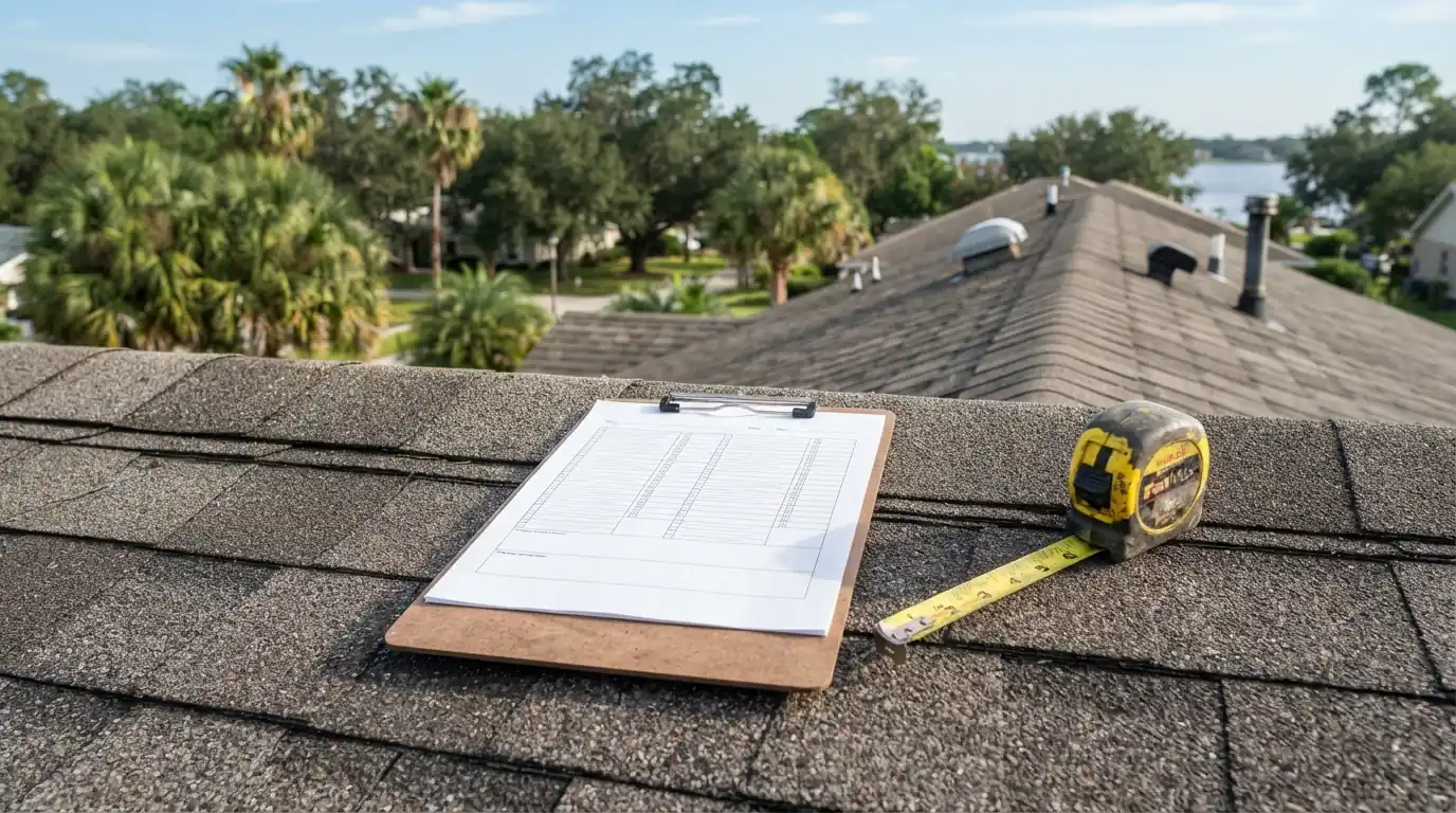 Roof condition report on a clipboard resting on a Jacksonville shingle roof