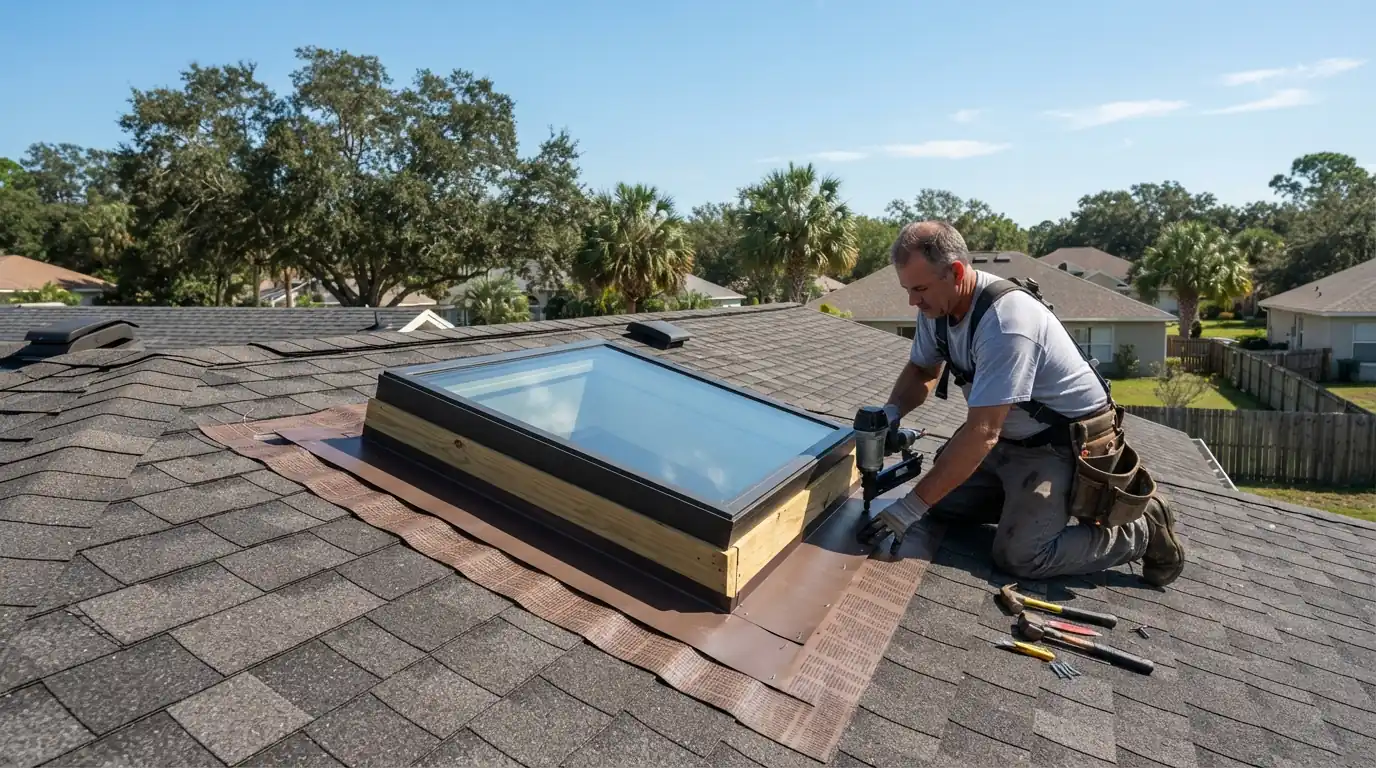 New curb-mounted skylight with a flashing kit set into a Jacksonville shingle roof