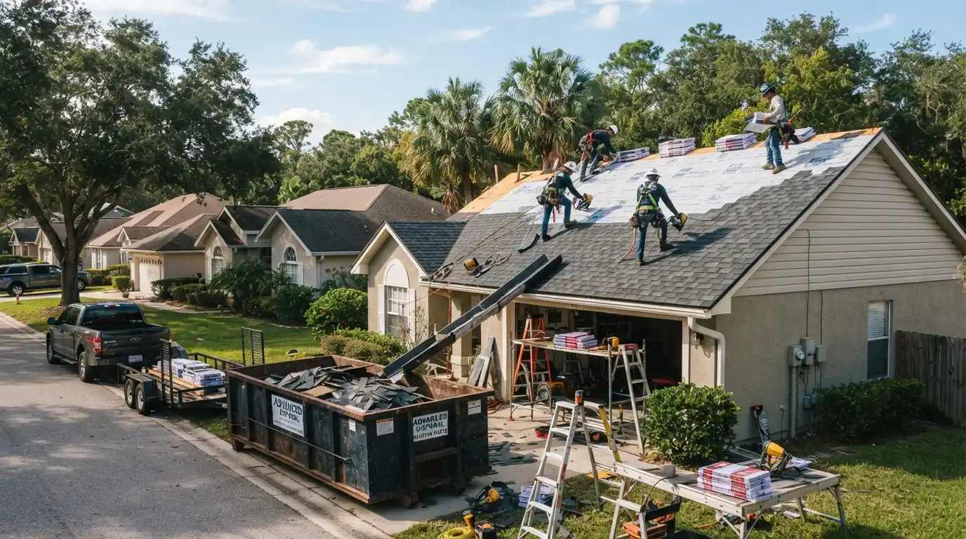 Roofing estimate sheet beside shingle, metal and tile samples on a Jacksonville kitchen table