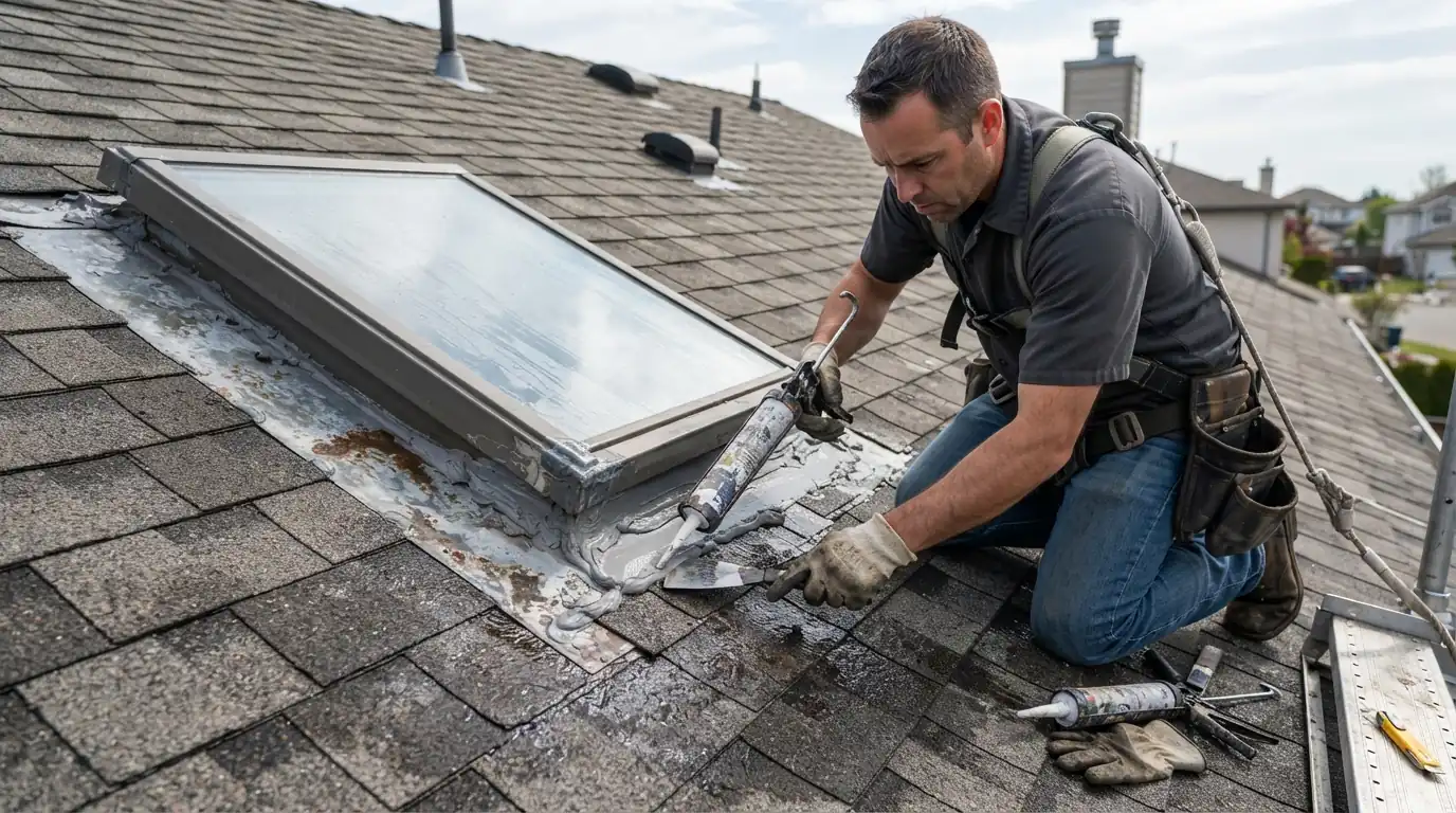 Step flashing being woven up the side of a skylight curb