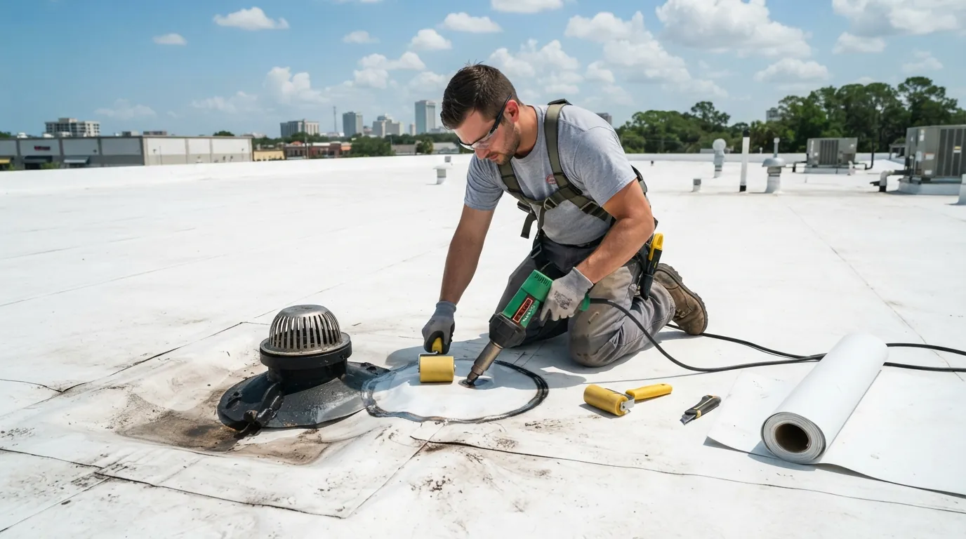 Technician heat welding a patch on a white membrane flat roof near a drain in Jacksonville Beach