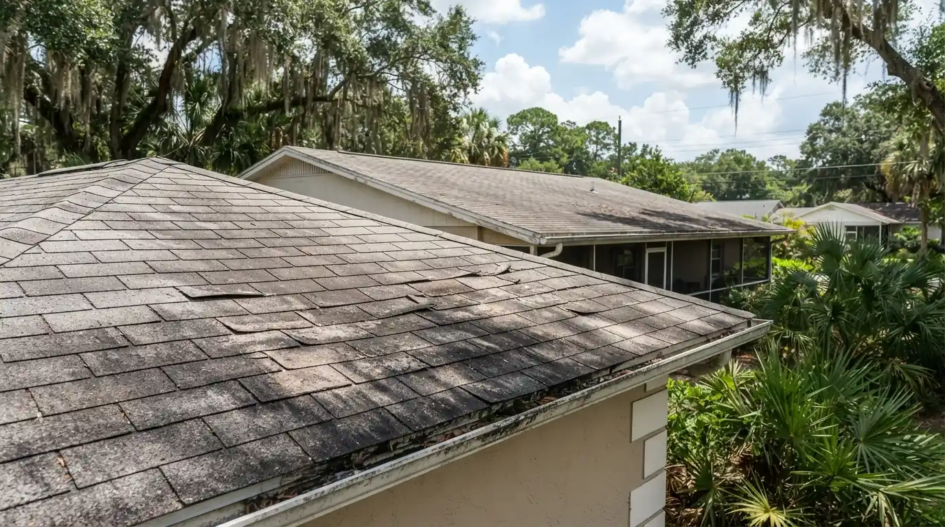 Curling, granule-worn shingles on an aging Jacksonville roof in afternoon sun