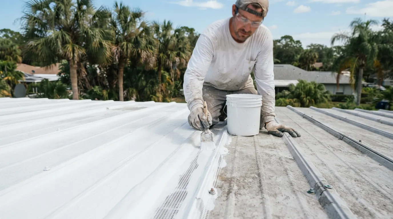 Seam sealer brushed over fastener heads before a metal roof coating