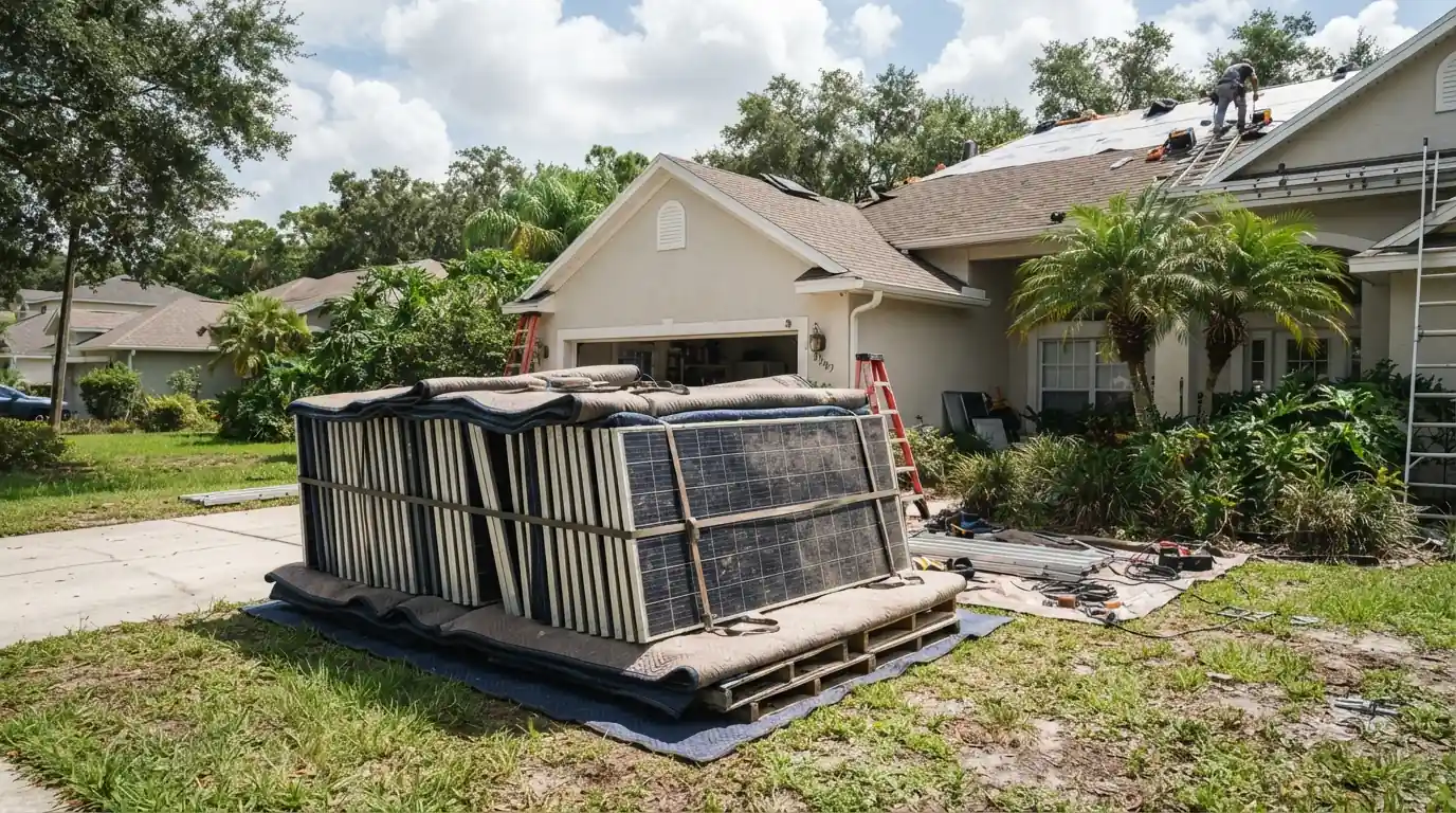 Solar panels removed and stacked beside a Jacksonville house before a reroof