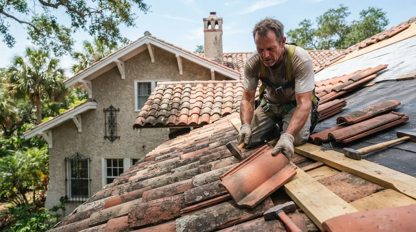 Shingle samples held against an original roof on a historic Jacksonville house