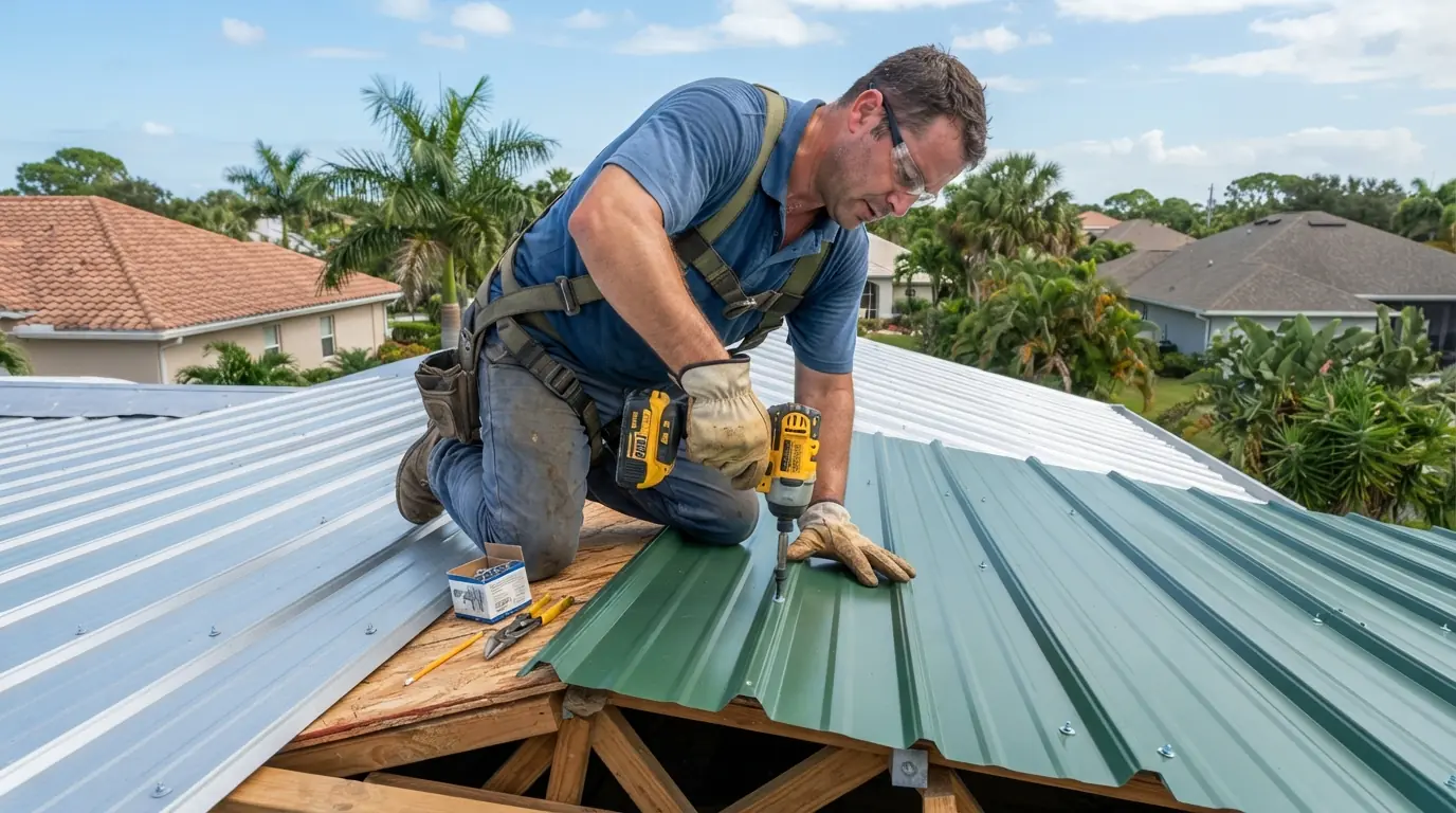 Galvalume 5V crimp panels being screwed down on a Florida cottage roof