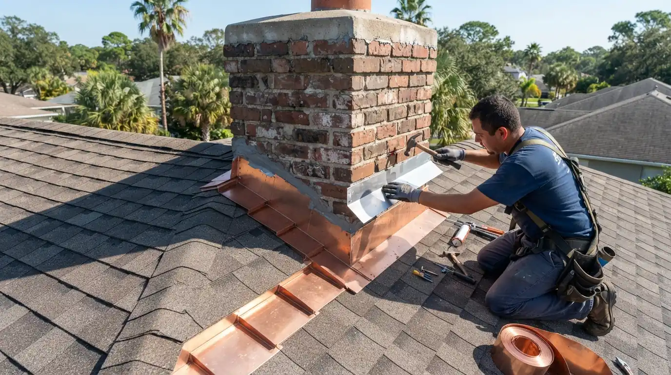 New step flashing and counterflashing where a shingle roof meets a brick chimney