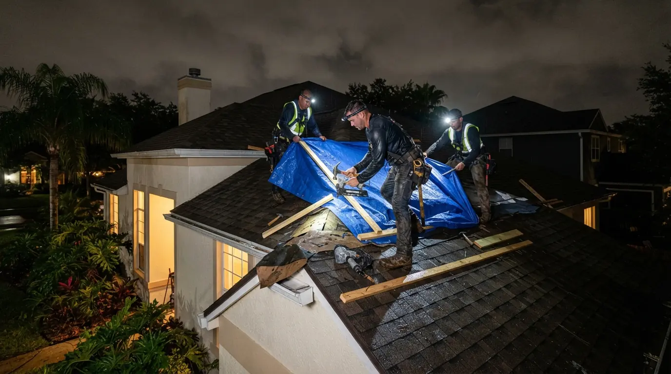 Flashlight on a wet attic deck while a roofer traces a night-time leak