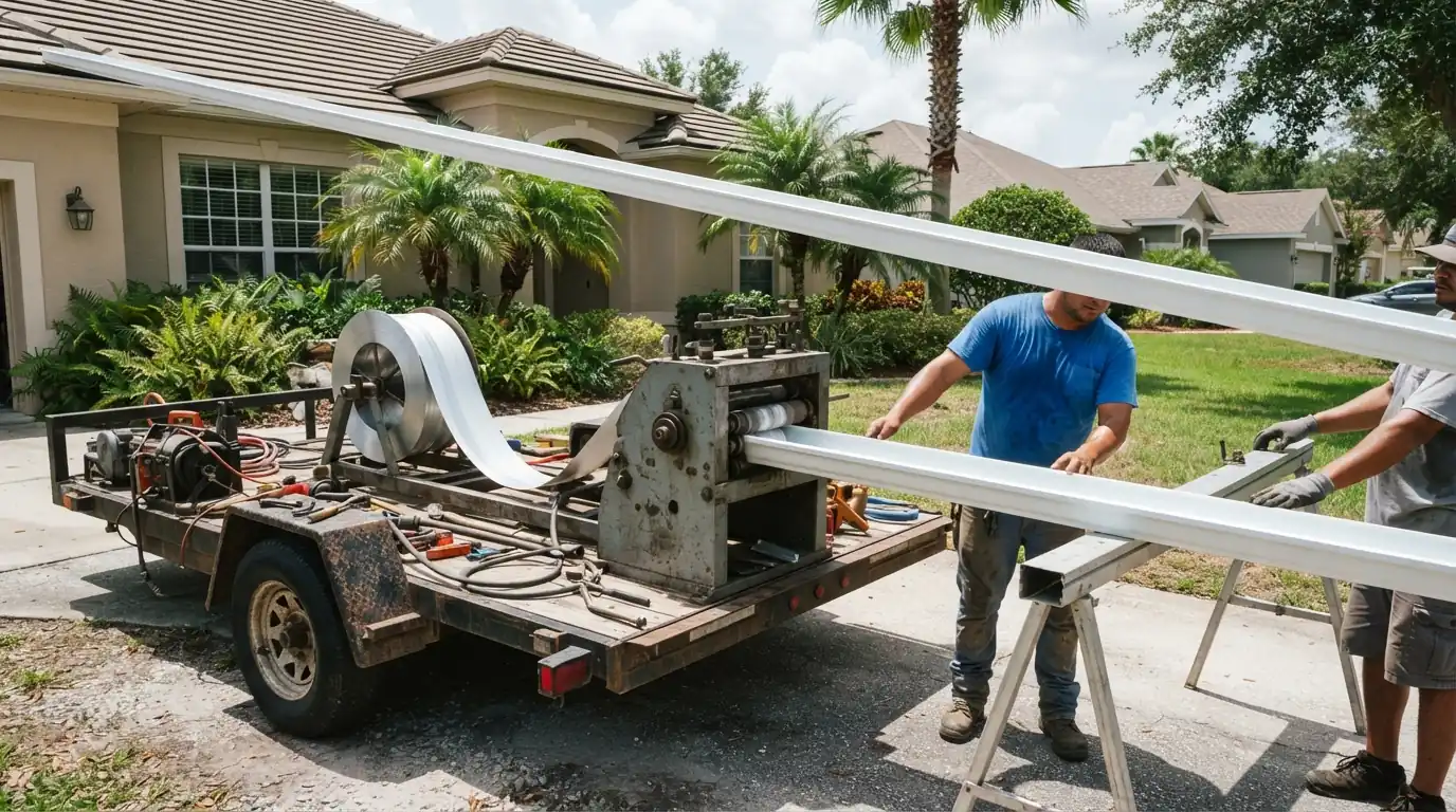 Seamless gutter being formed on site by a gutter machine on a trailer