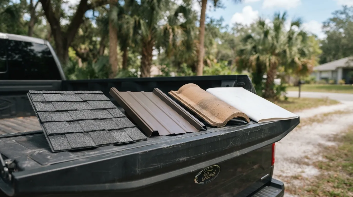 Roof material samples on a tailgate: shingle, metal, tile and membrane
