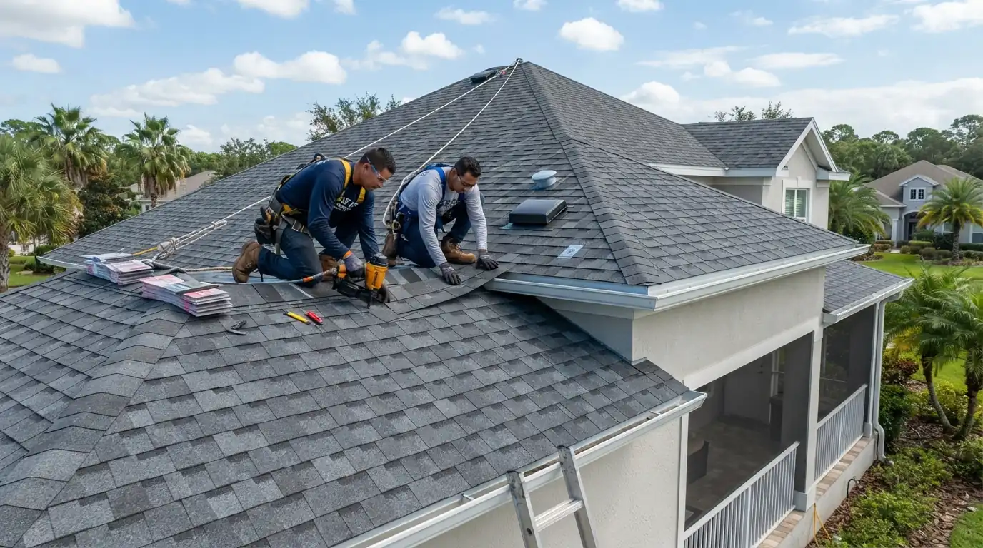 Architectural shingle courses and ridge cap on a new Jacksonville roof