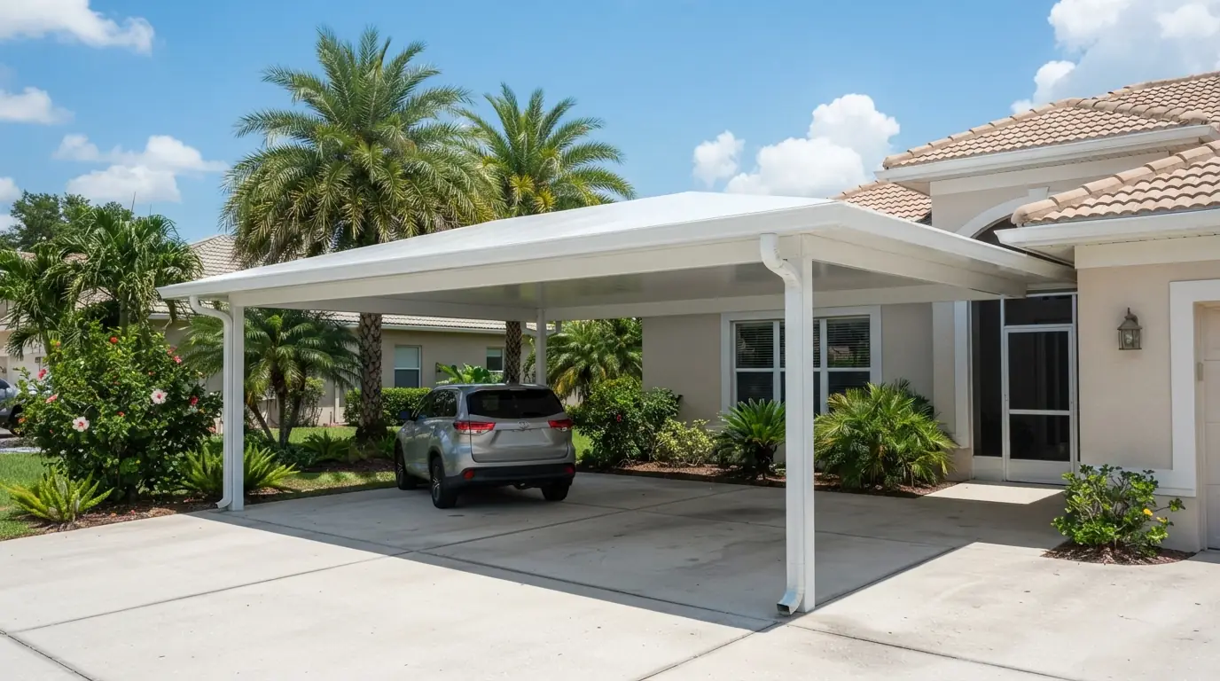 New carport roof with a clean membrane surface beside a house