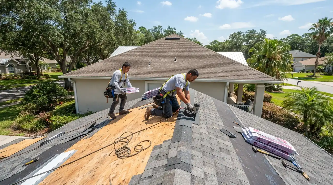 Roofer photographing roof condition for an insurance renewal report