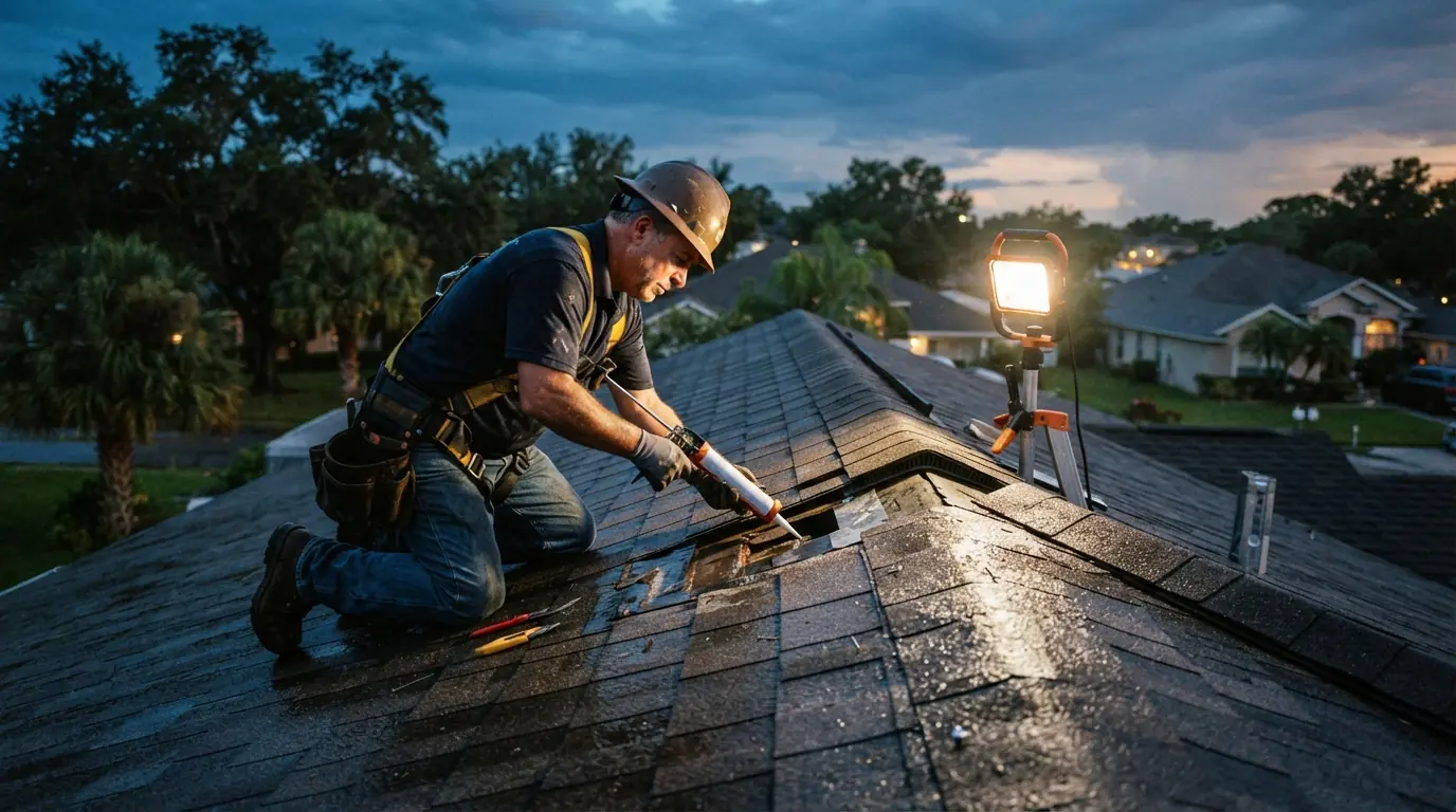 Roofer on a wet shingle roof at dusk sealing an open section under a work light