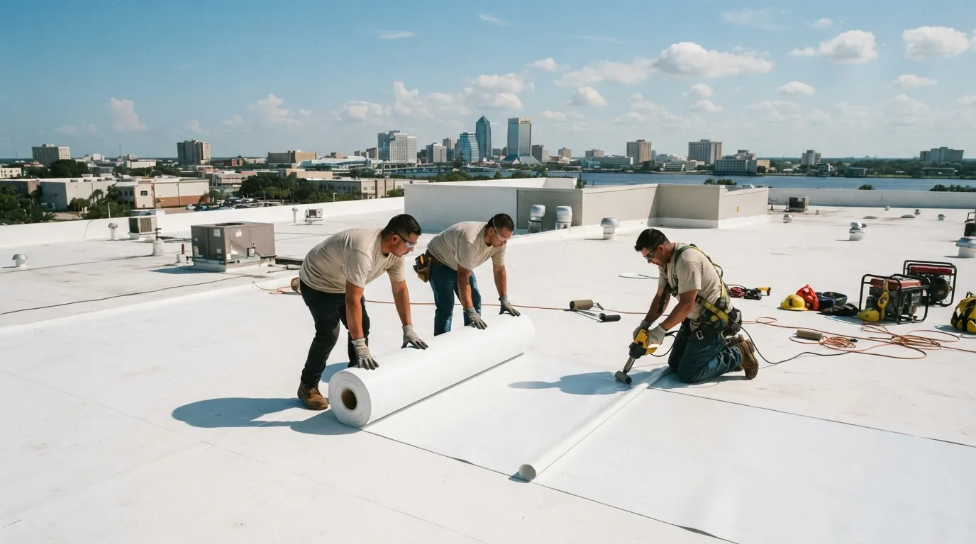 Crew rolling out white TPO membrane across a flat roof in Jacksonville