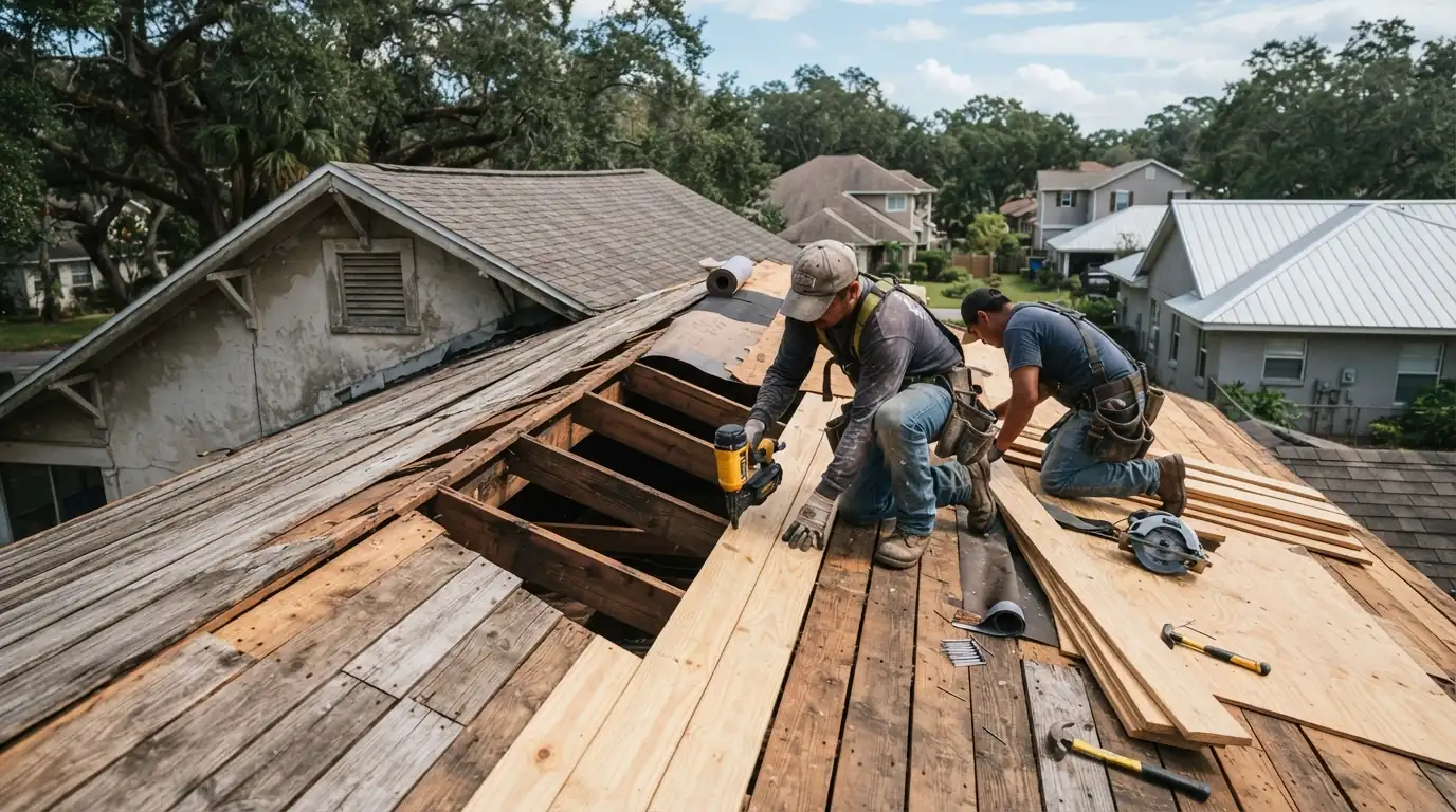 Old 1x6 plank roof decking exposed during a reroof on an older home