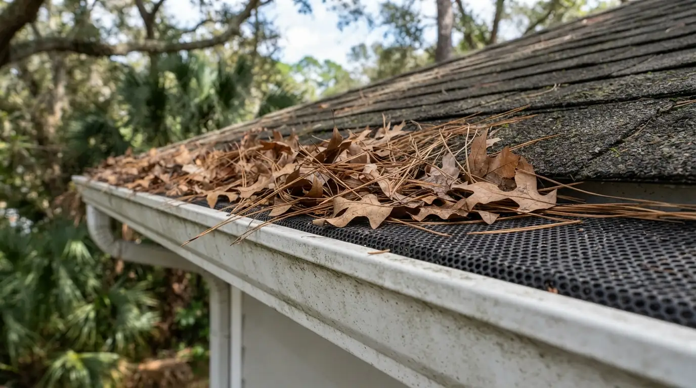 Oak leaves and pine straw sitting on top of a gutter guard