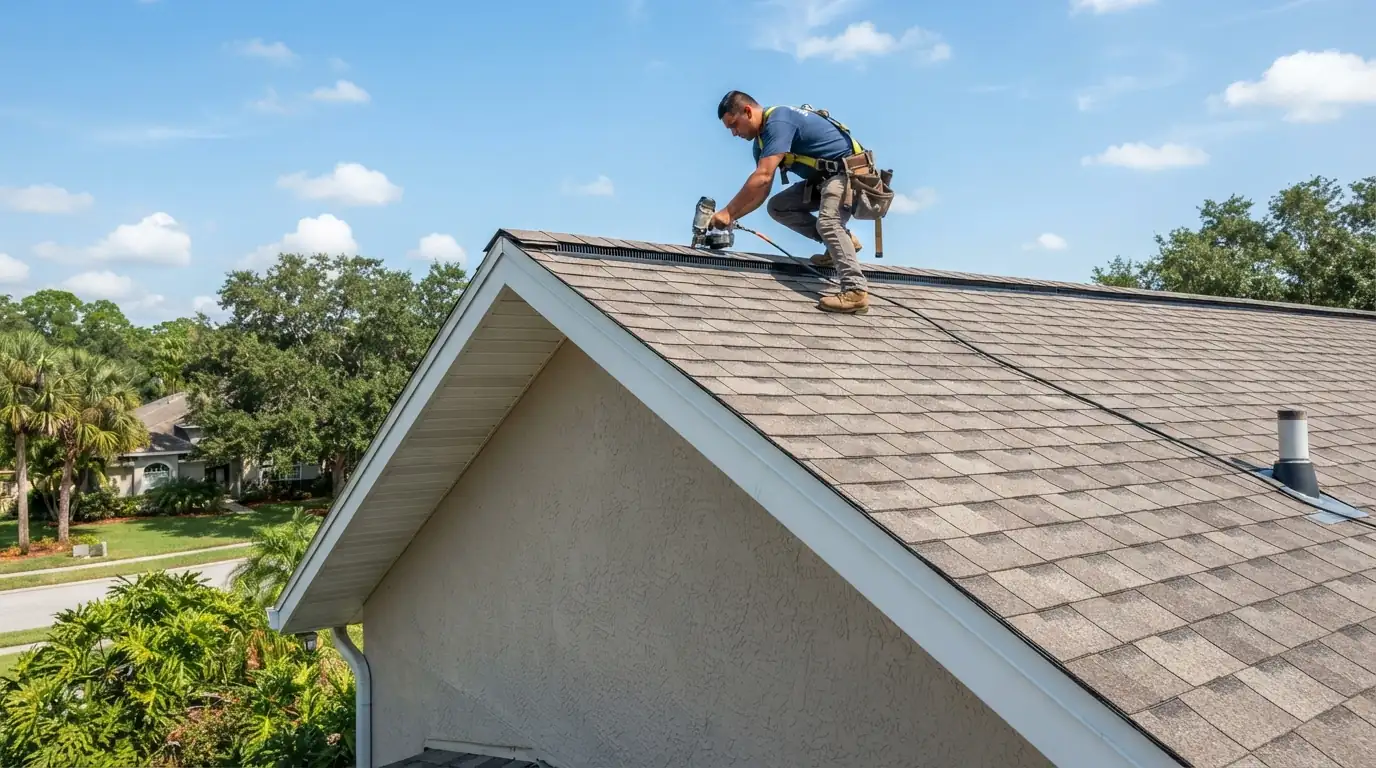 Ridge vent along the peak of a shingle roof with soffit vents at the eave