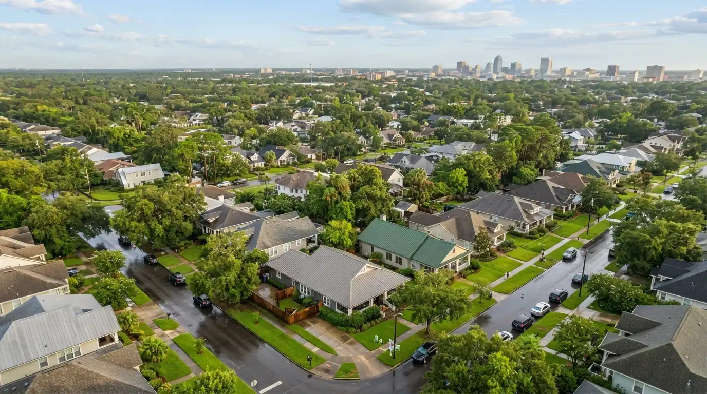 Rooftops across Jacksonville after rain