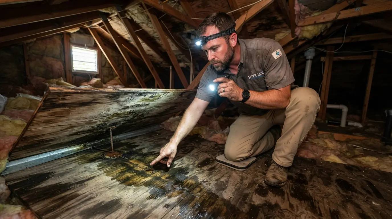 Technician tracing a roof leak in a Jacksonville attic with a flashlight on stained decking