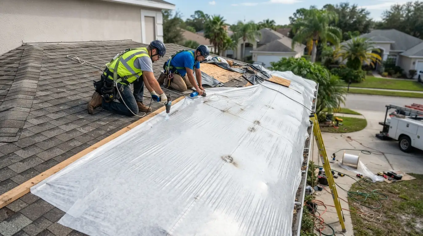 White shrink wrap film heat sealed over a large damaged roof section