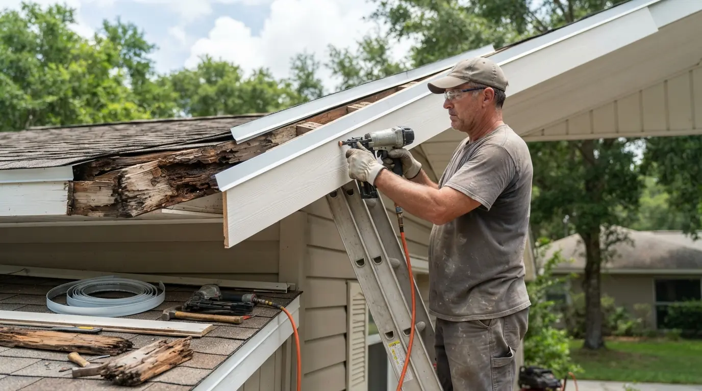 Carpenter replacing a rotted fascia board under a Jacksonville roof edge