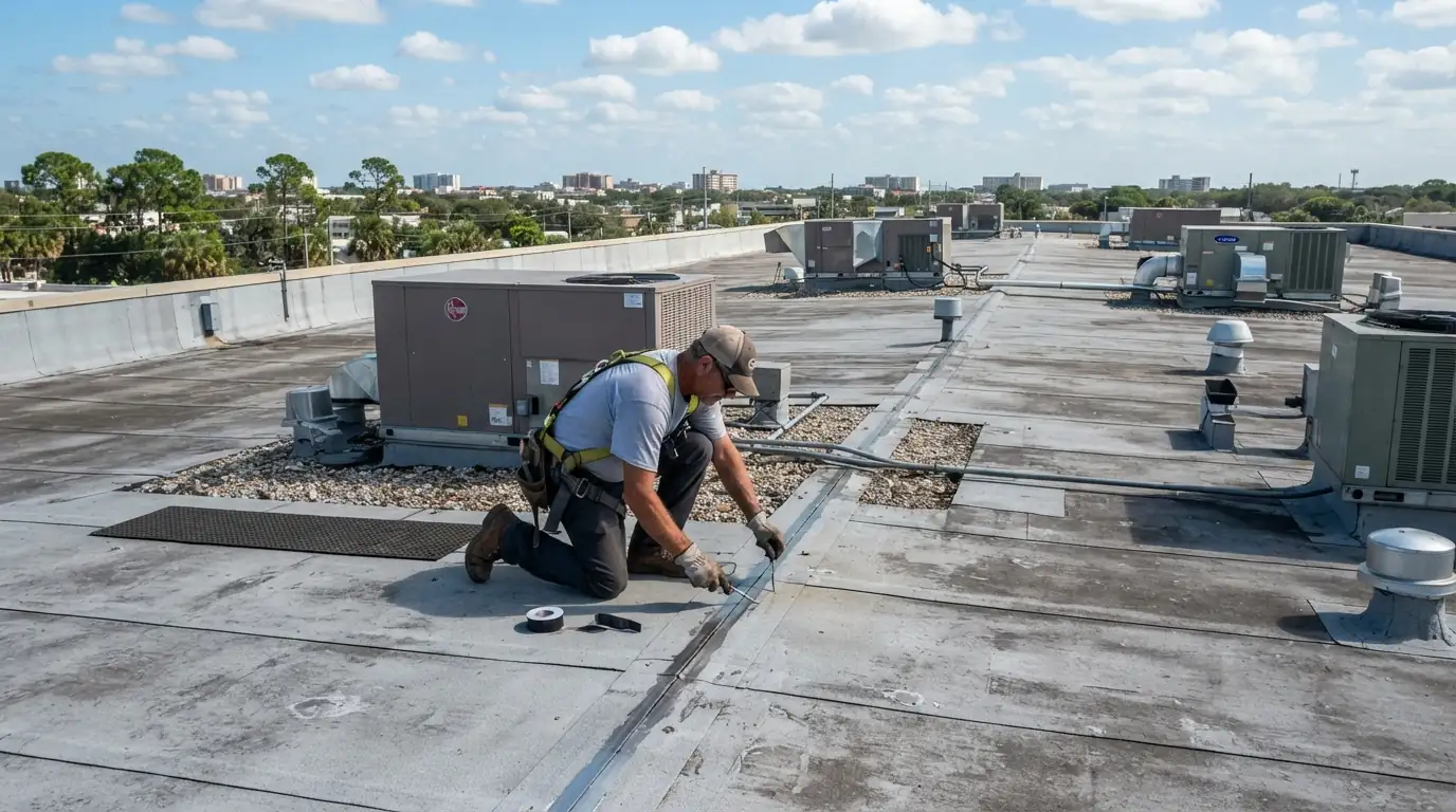Low slope commercial roof in Jacksonville with rooftop HVAC units and a roofer checking a seam