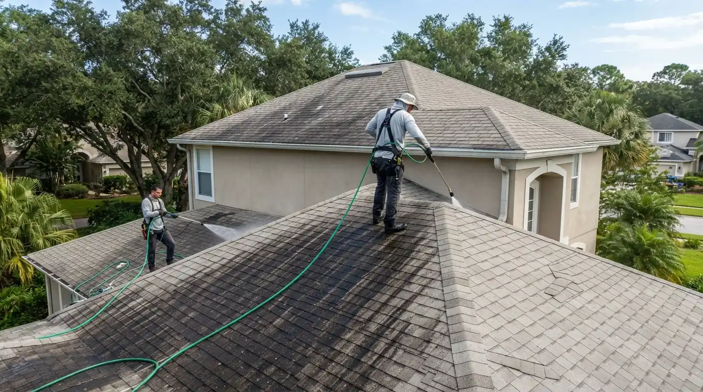 Soft wash crew removing black algae streaks from a shingle roof