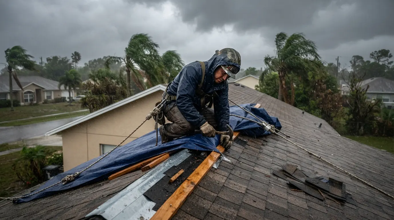 Missing shingle courses and lifted ridge caps after a tropical storm