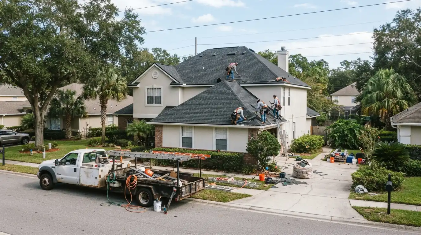 Roofing crew finishing a shingle roof replacement on a Jacksonville home