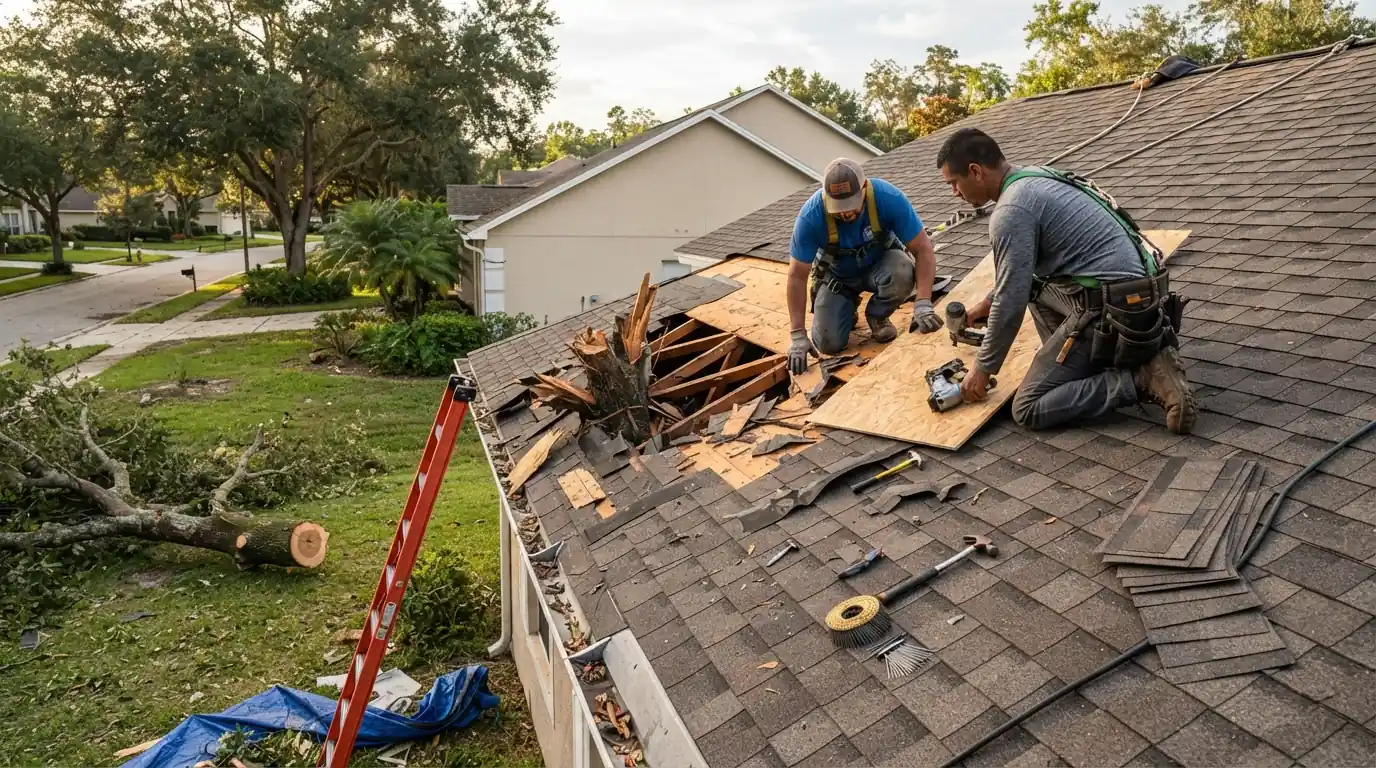 Hole in a shingle roof and cracked decking after a limb strike