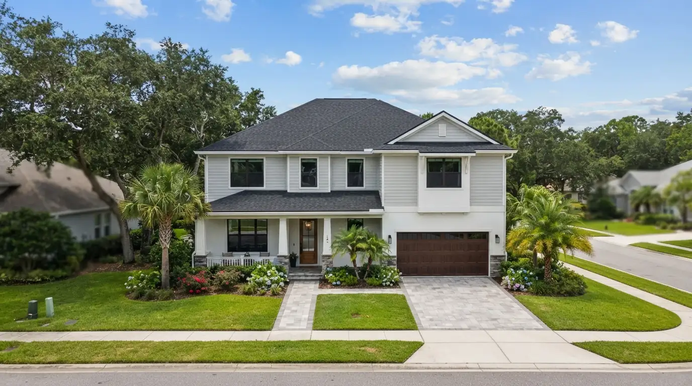 New charcoal architectural shingle roof on a two story St. Johns County home