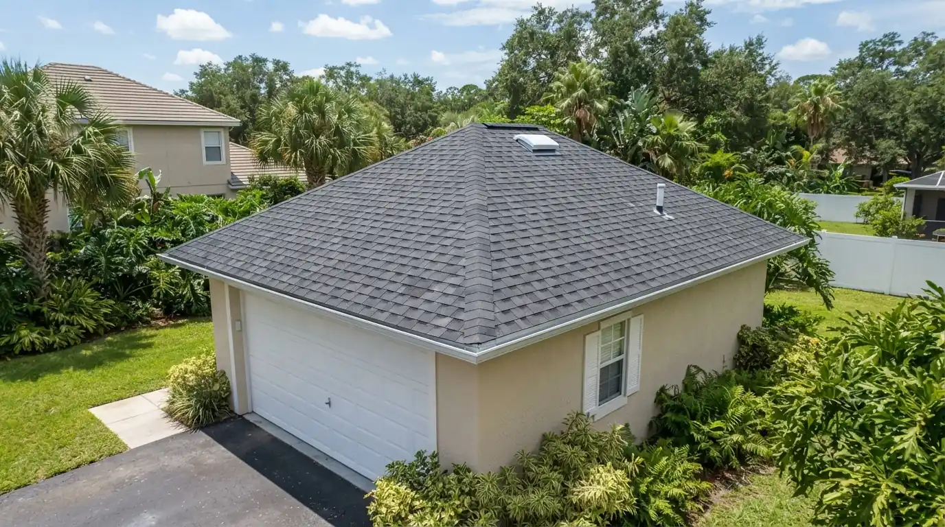 New architectural shingles on a detached garage roof