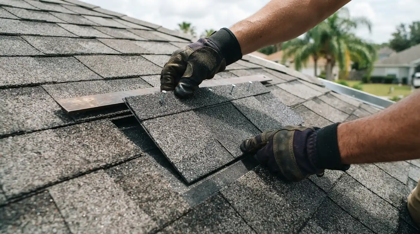 Hands sliding a new architectural shingle into a repaired course on a Jacksonville roof